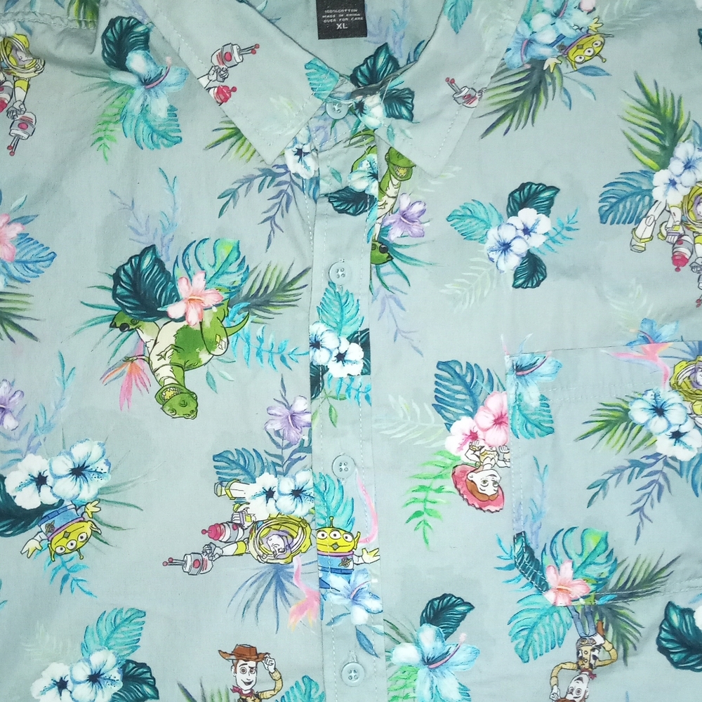 Disney Pixar Toy Story Shirt Mens XL Blue Hawaiian Short Sleeve Woody Buzz